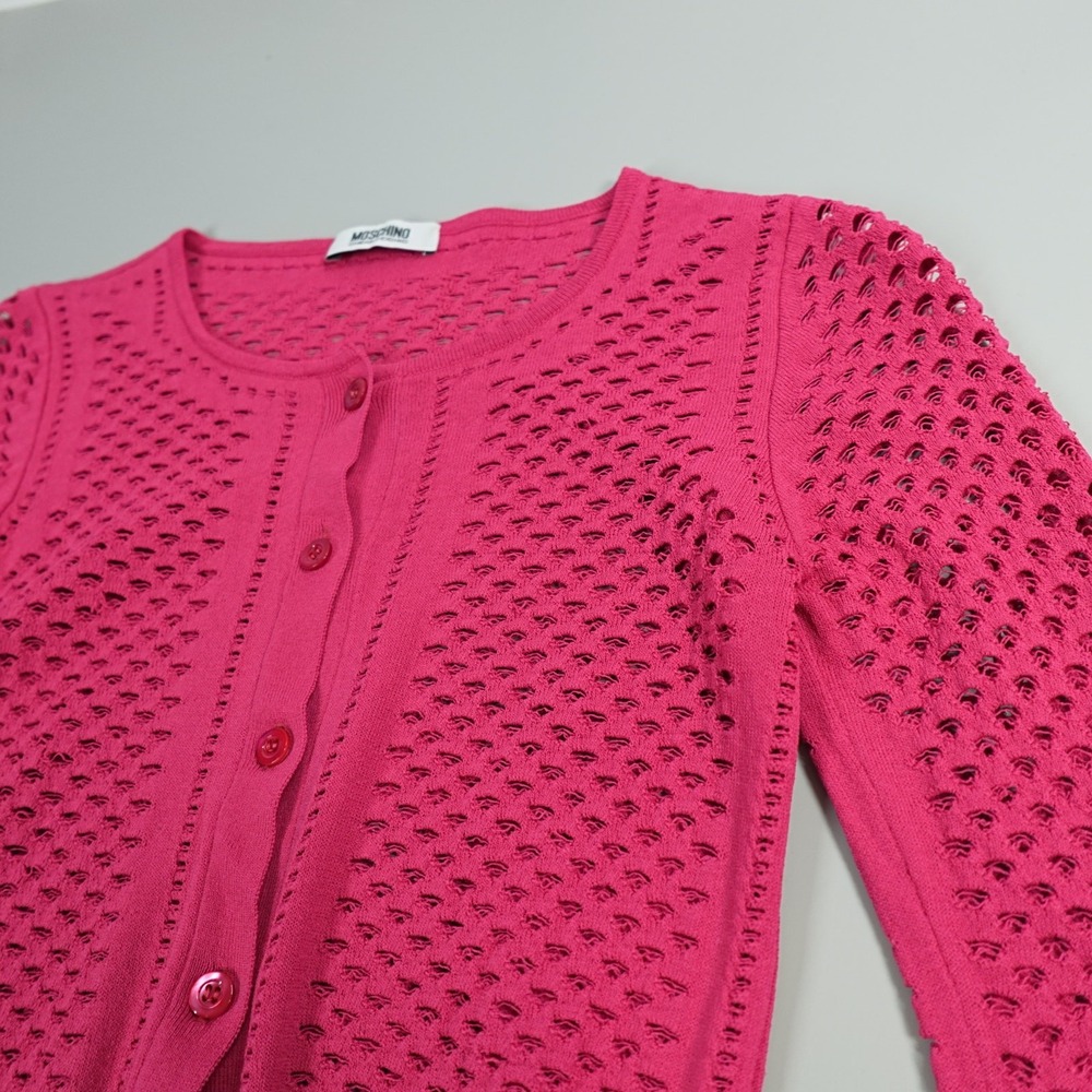 Moschino Cardigan Womens 4 Pink Cropped Fine‎ Knit Open Stitched Statement Italy - Picture 13 of 16